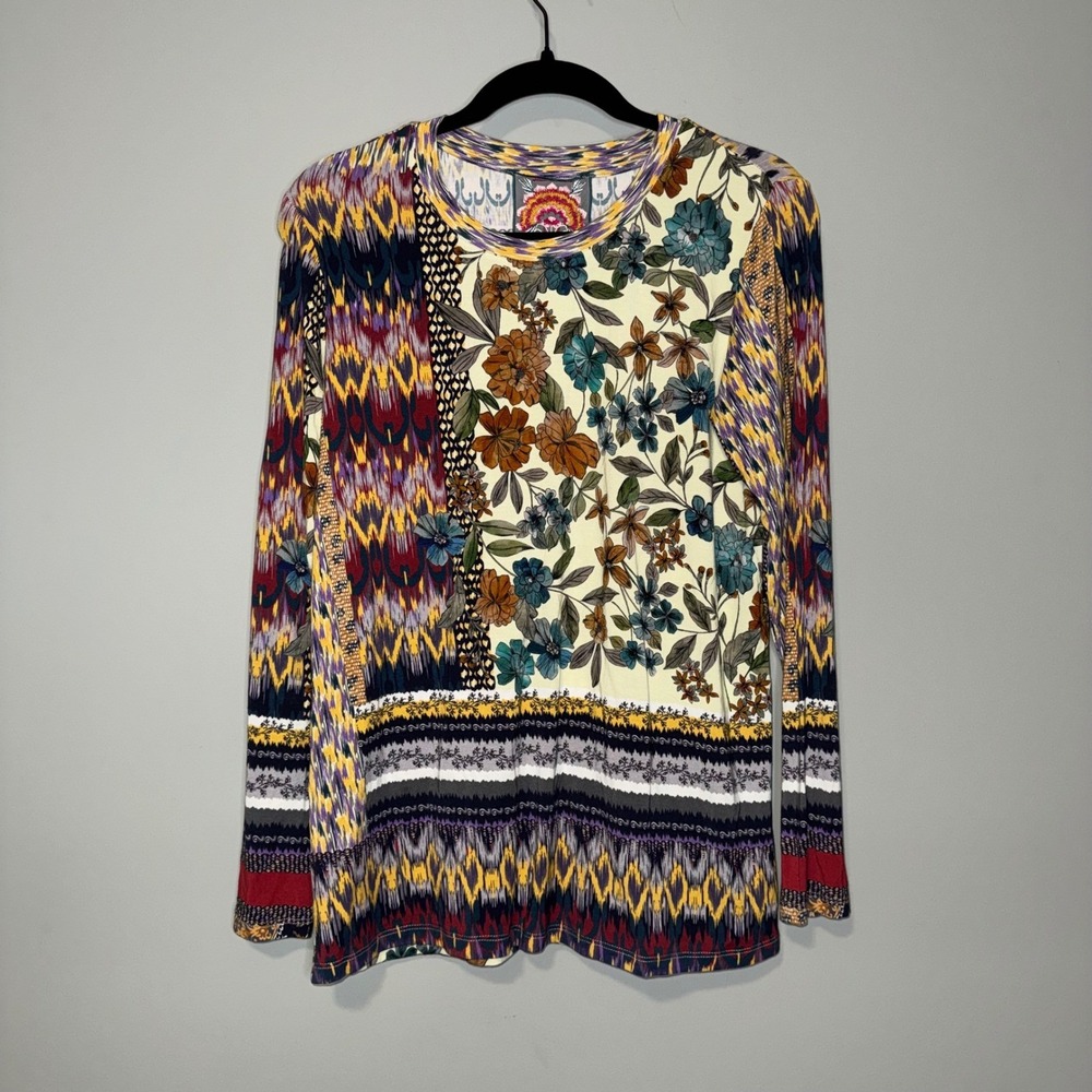 JOHNNY WAS LA Patchwork Mixed Print Floral Patchwork Boho Top Women's Size‎ M